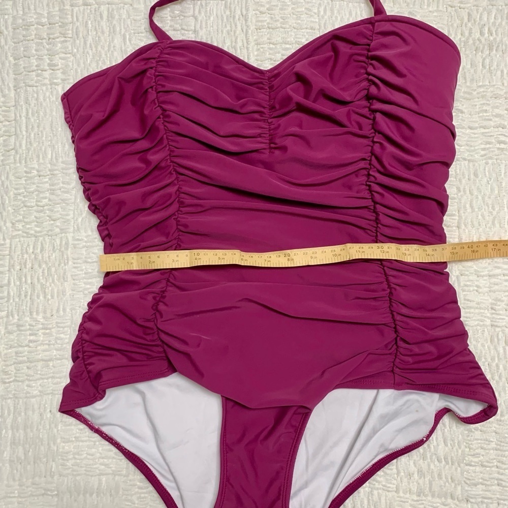 BEACH BASH Plum/Wine Flattering Ruched
Halter Top One Piece
Swimsuit. 3X - Picture 8 of 10